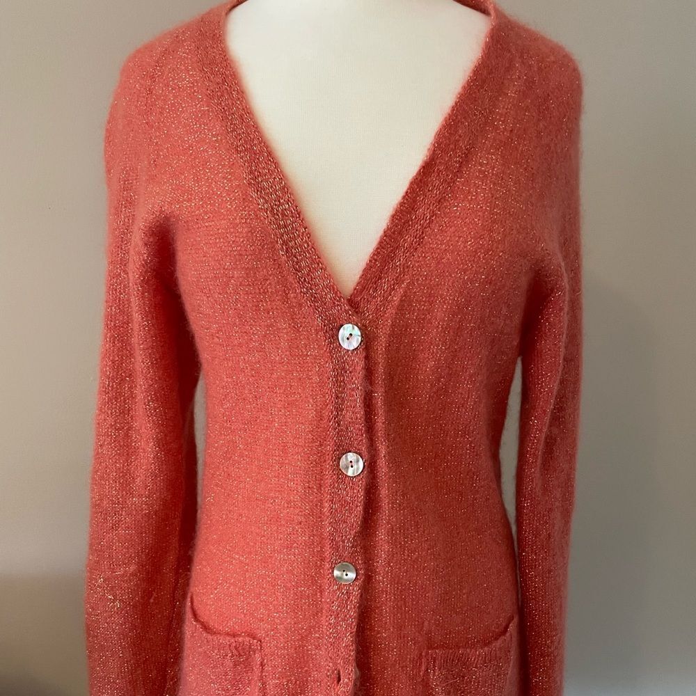 Marek Italia mohair blend lightweight, orange cardigan sweater. Gold thr…